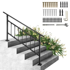 VEVOR Iron Handrail Stair Railing Hand Rail Kit 0-5 Steps Outdoor Black w/ Bars