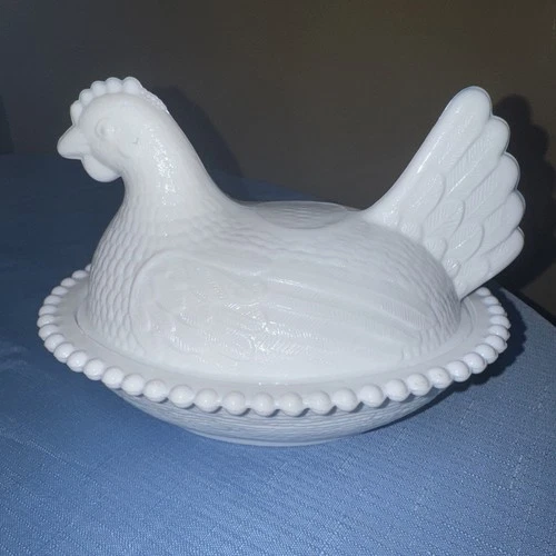 Vtg. Indiana Glass White Milk Glass Chicken Hen on Nest Covered Bowl Candy Dish