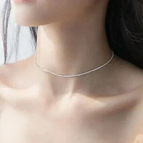 Collar de tenis para mujer enchapado en oro blanco de 14K 16" 3 mm redondo diamante creado en laboratorio Foto 3 de 4