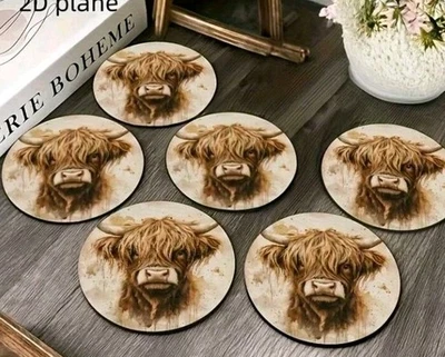 6 Rustic Highland Cow Wood Round Drinks Coaster Set  Cup Coasters Placemats - Image 1 of 4