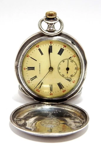 Antique Pocket Watch Longines Hunter Dial Porcelain Case Silver 50mm Working