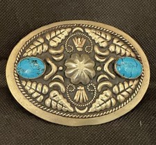 Vintage Alpaca Mexico Oval Turquoise Coral Belt Buckle Western Cowboy