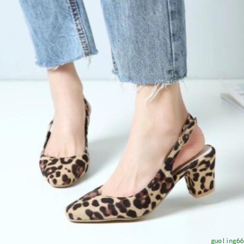 Sandals Women's Slingbacks Mid Low Heels Leopard Pumps Office Lady's Dress Shoes-image