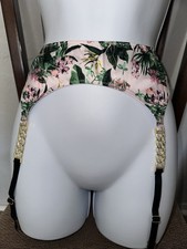 Victorias Secret Floral Mesh Garter Belt Pink Green Gold Accent M/L