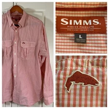SIMMS Fishing Products Mens Large Button Up Shirt Orange Gingham Fish Appliqué