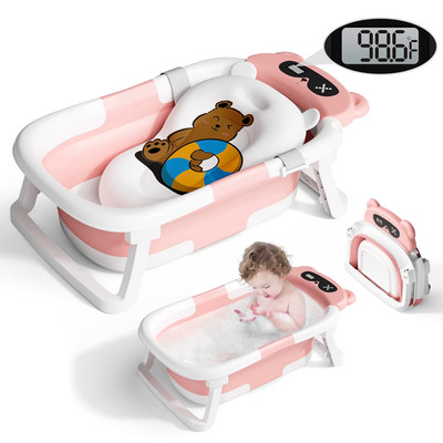 Foldable Baby Bathtub W/ Digital Thermometer Non Slip Newborn Infant Bath Tub