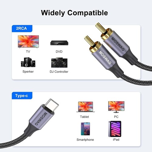 USB C to 2 RCA Audio Cable, Type C to 2RCA Male Jack Plug Adapter Compatible - Picture 6 of 6