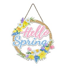 Hello Spring Door Sign for Front Spring Hollow Floral Pink Flower Farmhouse