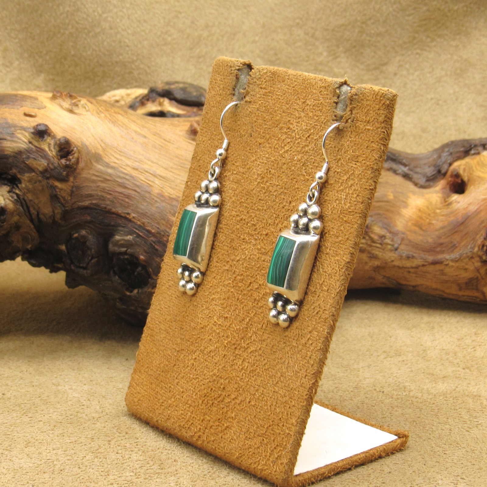 Sterling Silver Block Malachite Dangle Earrings - image 2