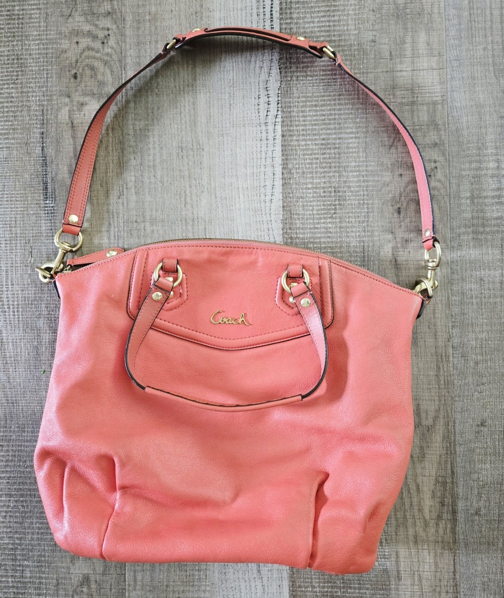 Coach Ashley Satchel Purse Bag Tote Coral Pink Leather Gold Tone