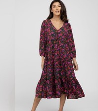Anthropologie JODIFL Black Floral Button Front Tiered Midi Dress Prairie Cottage