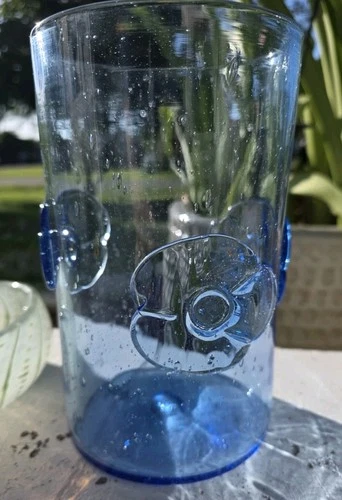 Vtg Blenko Wild Rose Vase Solid Sky Blue Sea Glass Controlled Bubbles 8.5 Inches