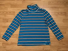 Talbots Mock Neck Shirt Womens LP Blue Black Striped Snap Button Cotton Blend