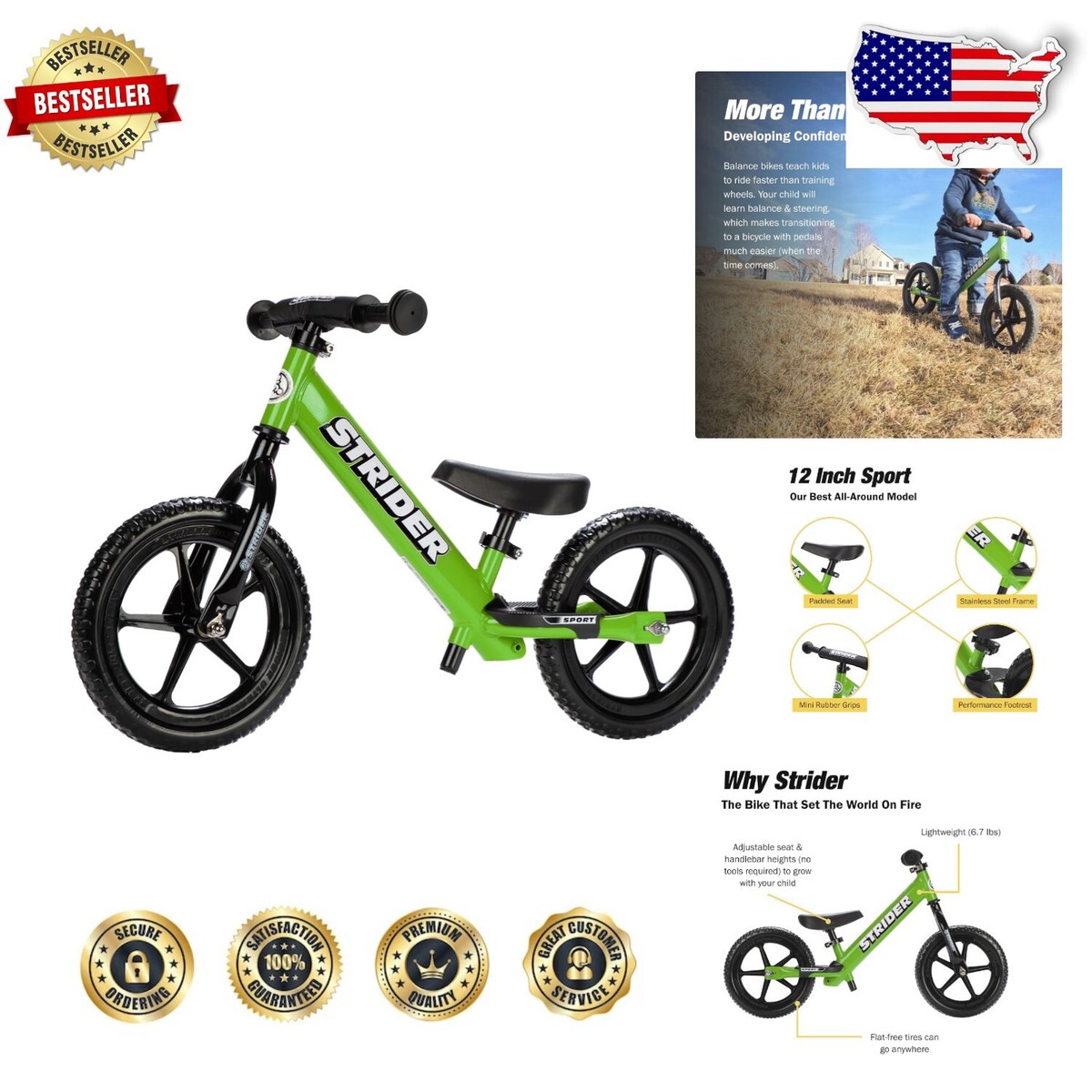 Lightweight 12” Balance Bike for Ages 1-4 with Adjustable