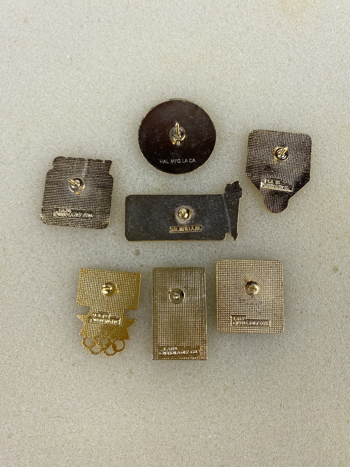 1984 Los Angeles Olympics pins Set of 7, LAPD, Sprite, 7-11, Amex, Vons, Conroys