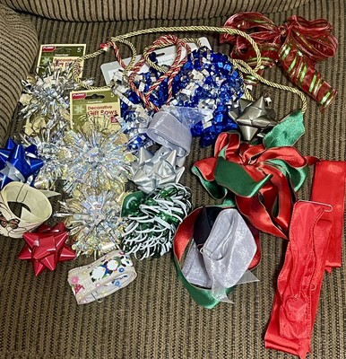 Assorted Lot Of Decorative Gift Bows And Ribbons. Silver Blue Red Green