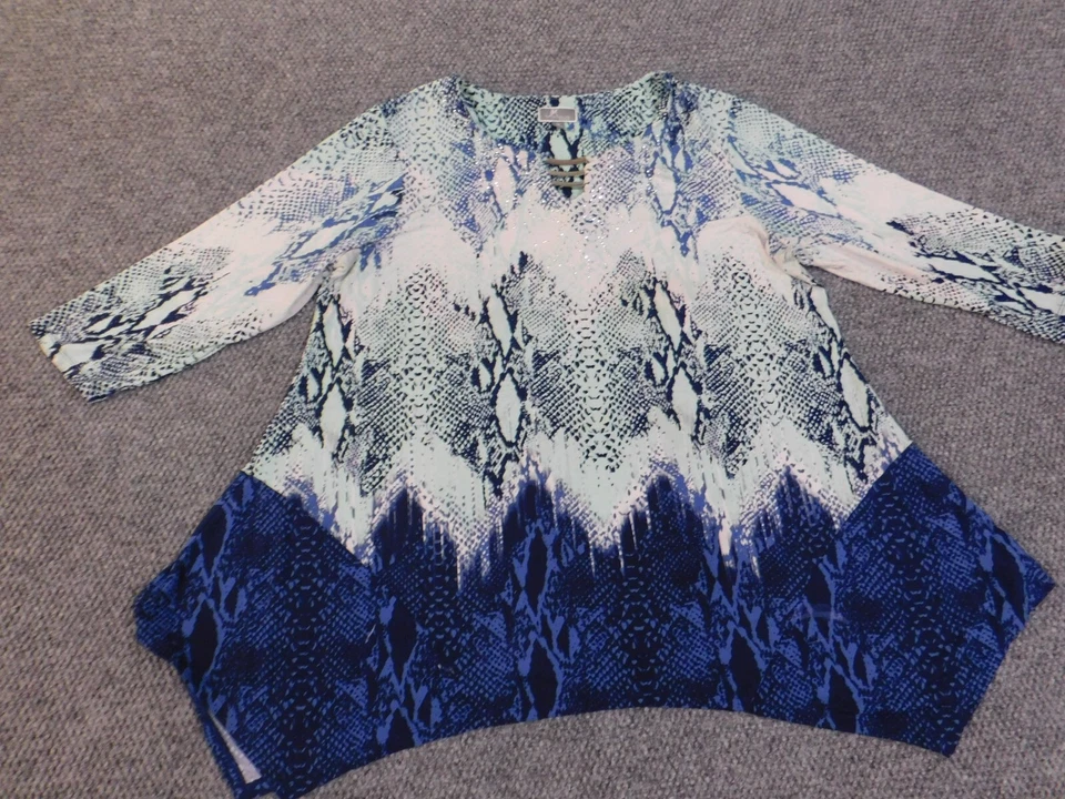 JM Collection top 2X blue pullover geometric womens stretch tunic polyester - Image 4 of 4