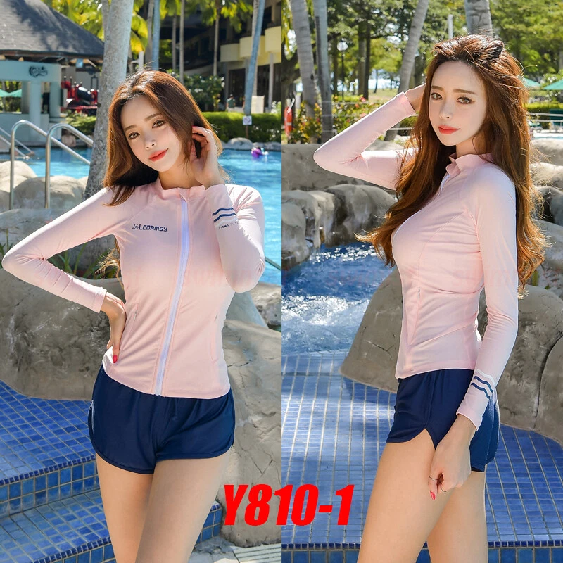 WOMEN'S RASH GUARDS Y810-1 FLESH ZIP BEACH LONG SLEEVE SURF SWIM  SHIRT+SHORT SET