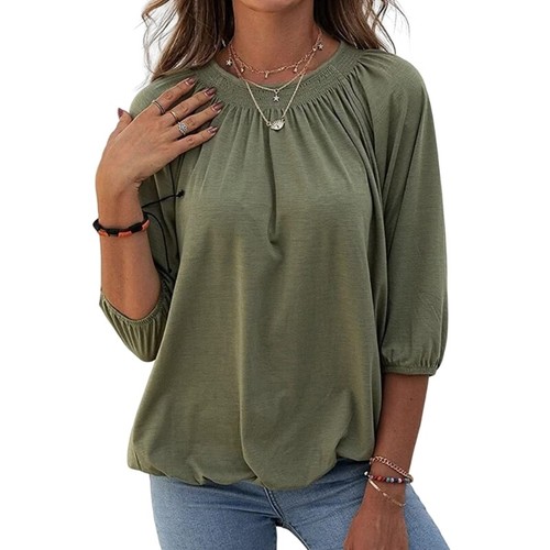 Women 3/4 Puff Sleeve Crew Neck Shirts Solid Color Elastic Hem Pleated Basic Top - Picture 46 of 48