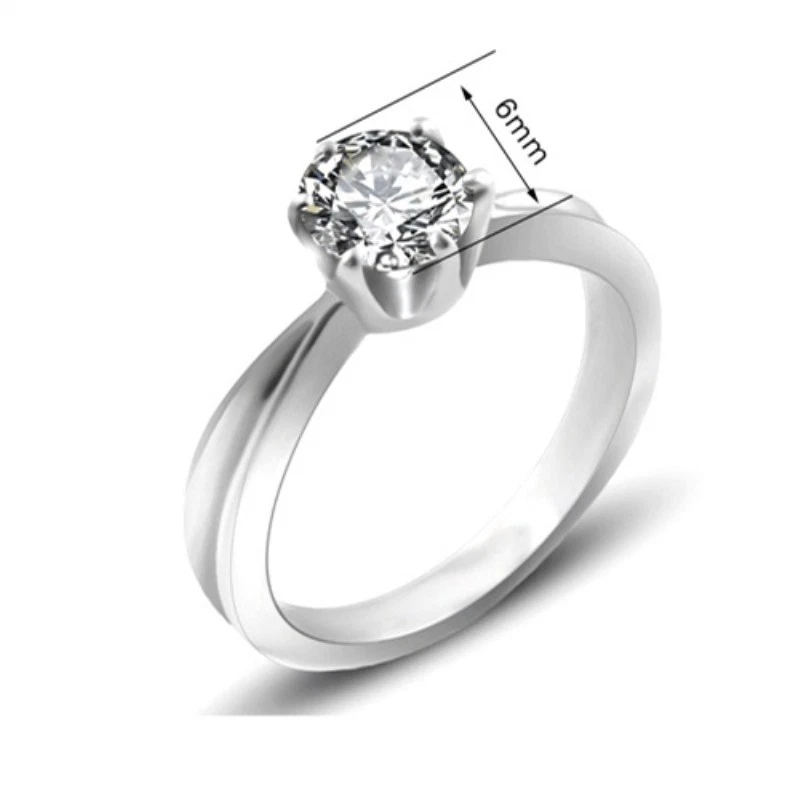 Banda de circonita cúbica AAA de corte redondo de 6*6 mm para mujer anillo de regalo de boda de acero titanio tamaño 5-9 Foto 3 de 4