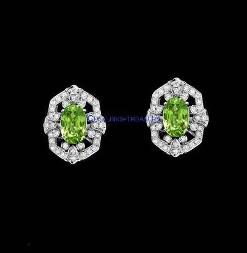 Natural Peridot & CZ Gemstones 925 Sterling Silver Cufflinks for Men's #AB - Picture 2 of 3