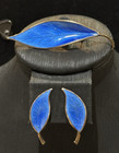 Guilloche Leaf Brooch & Earrings Set Vtg David Andersen Norway Sterling Blue