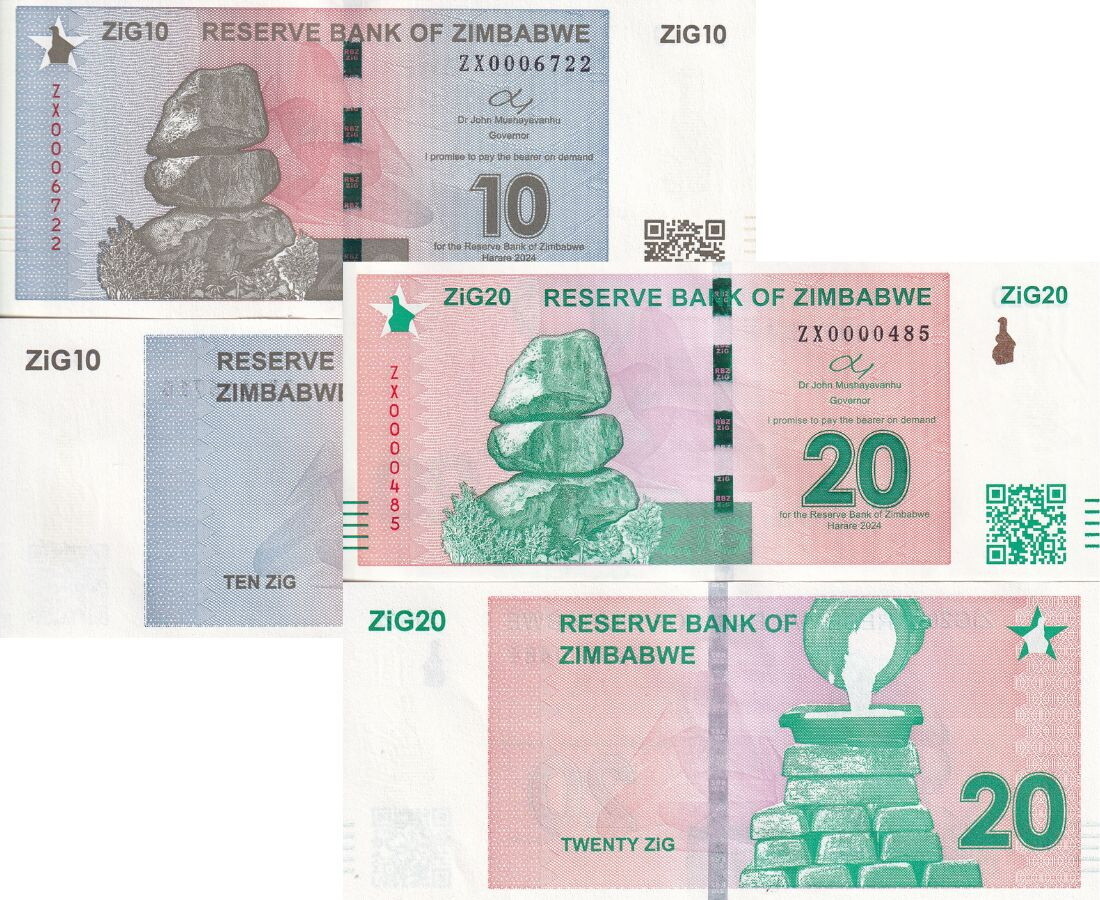 Banko Zimbabwe SET 2 Pcs 10 20 ZiG 2024 P 110 111 Replacement ZX Prefix