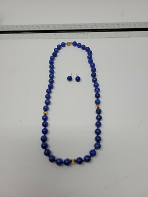 Vintage 14k Gold Lapislazula Perlen Halskette und Ohrringe