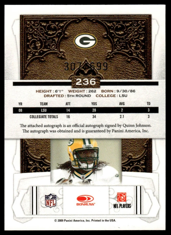 2009 Donruss Classics #236 Quinn Johnson #/699 - Image 2 of 2