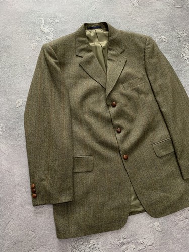 Vintage Burberry Tweed Green Wool 3 Button Mens Blazer Size 52 - Picture 2 of 12