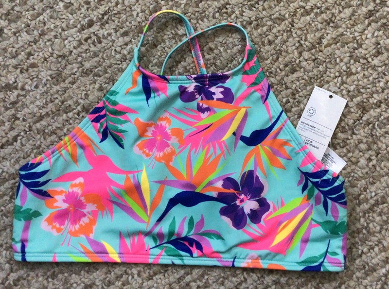 NEW Lands' End Aqua Floral Cropped Swim Top Big Girls SZ 14 X-Back Adj. Straps
