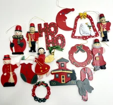 Vintage Christmas Lot Of 14 Assorted Angel Wreath Candy Cane Wooden Ornaments