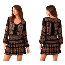Free People Printed Boho Mini Dress Small Black Floral Long Sleeve Smocked Waist