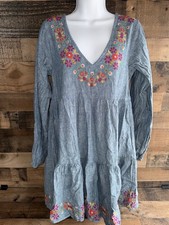 Natural Life Floral embroidered chambray Linen Cotton tiered Dress XS Boho