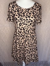 Tan Black Leopard/Animal Print Opaque Ruched Shift Dress Side Pockets Size SML
