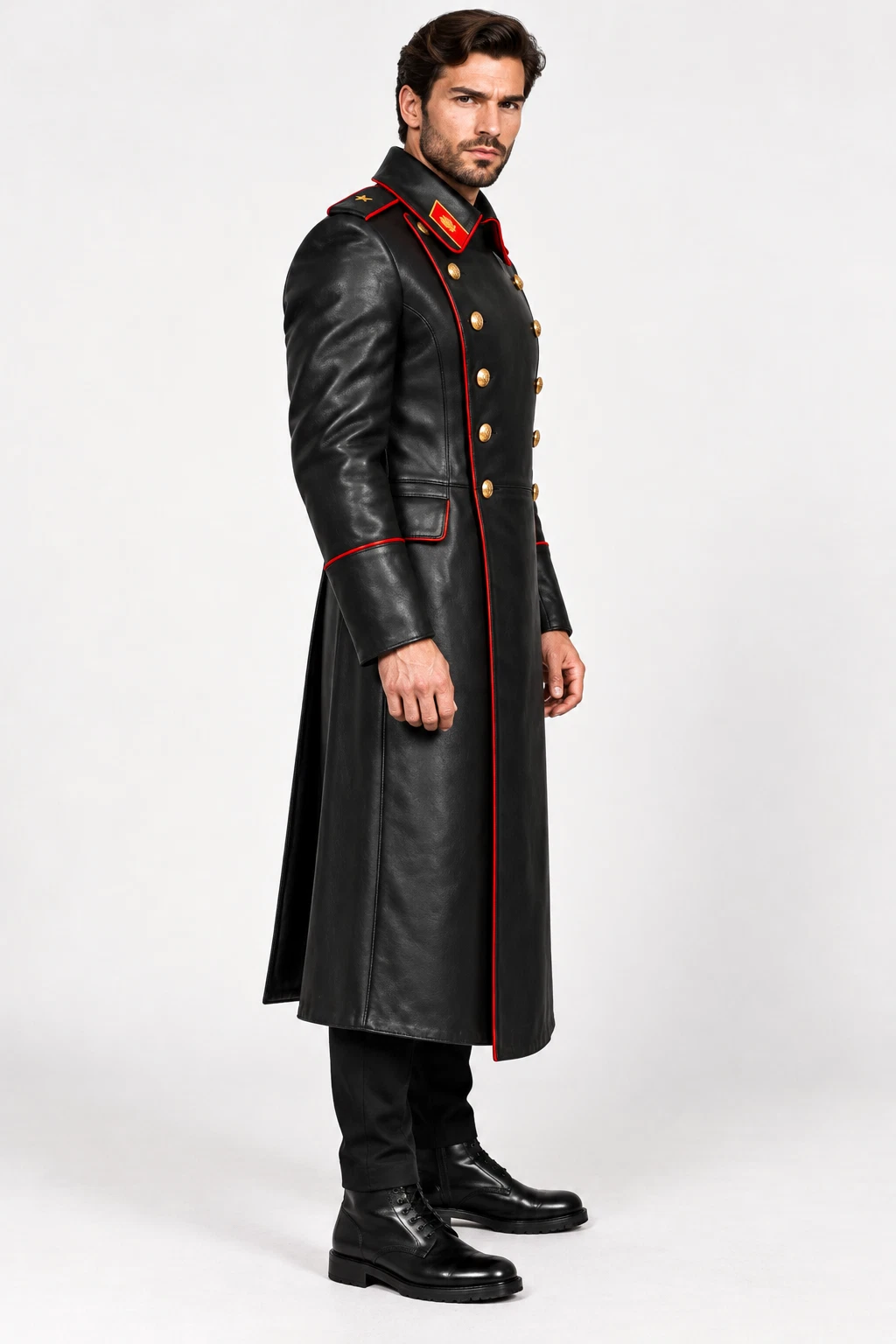 Soviet Military Overcoat Russian Army Black long Winter Warm Leather Overcoat image 6