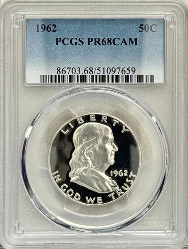 1962 PROOF FRANKLIN HALF PCGS PR68 CAM, DEEP CAMEO OBVERSE, NO SPOTS-HAZE-TONING