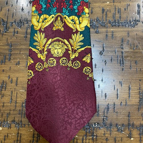 Gianni Versace Krawatte Herren Burgunderrot Grün Seide Medusakopf Barock 57”x 4” Box - Bild 4 von 12