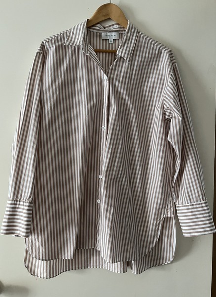 Witchery Button Up Shirt Women’s Sz 12 Beige Stripe Collared Long Sleeve Tunic