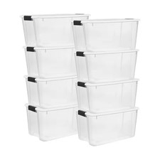 70 Qt. Clear Plastic Stackable Storage Bin in White Latch Lid 8-Pack
