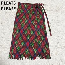 PLEATS PLEASE ISSEY MIYAKE Wrap Skirt Check Print Red Fringe Waist Tie Pleated