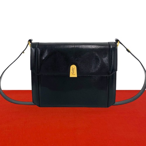 YVES SAINT LAURENT YSL Logo Metal Shoulder Bag leather black 29294