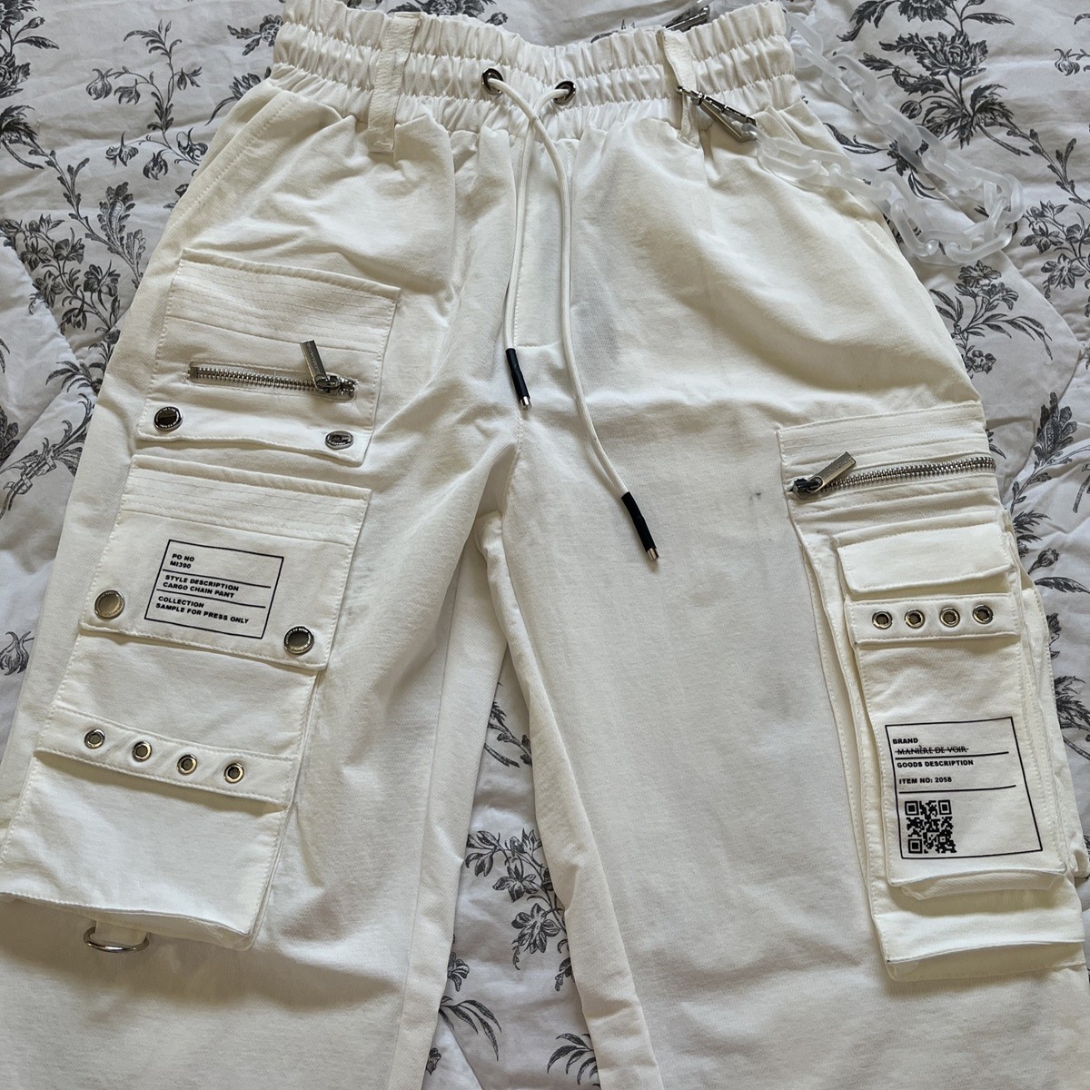 Maniere De Voir Strap Detail Cargo Pants Cream 100% Cotton New