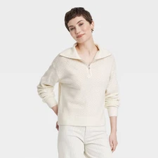 Women's Quarter Zip Collared Pullover Sweater - Universal Thread Cream L
