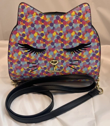 Betsey Johnson Multi-Color Rainbow Confetti Cat Kitty Crossbody Bag Purse