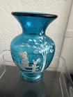 Fenton Hand Painted Mary Gregory Country Boy On Fence Aqua Blue Vase 6.5” Tall