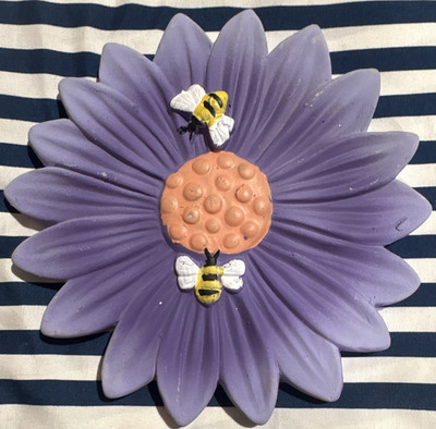 Decorative Painted Cement  Flower Stepping Stone Bee Floral Garden Decor Purple