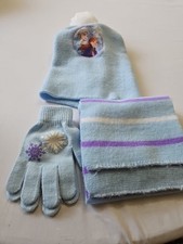 Disney Frozen Princess Anna Elsa Girls Pull On Pompom Hat Gloves Scarf Set 4/6