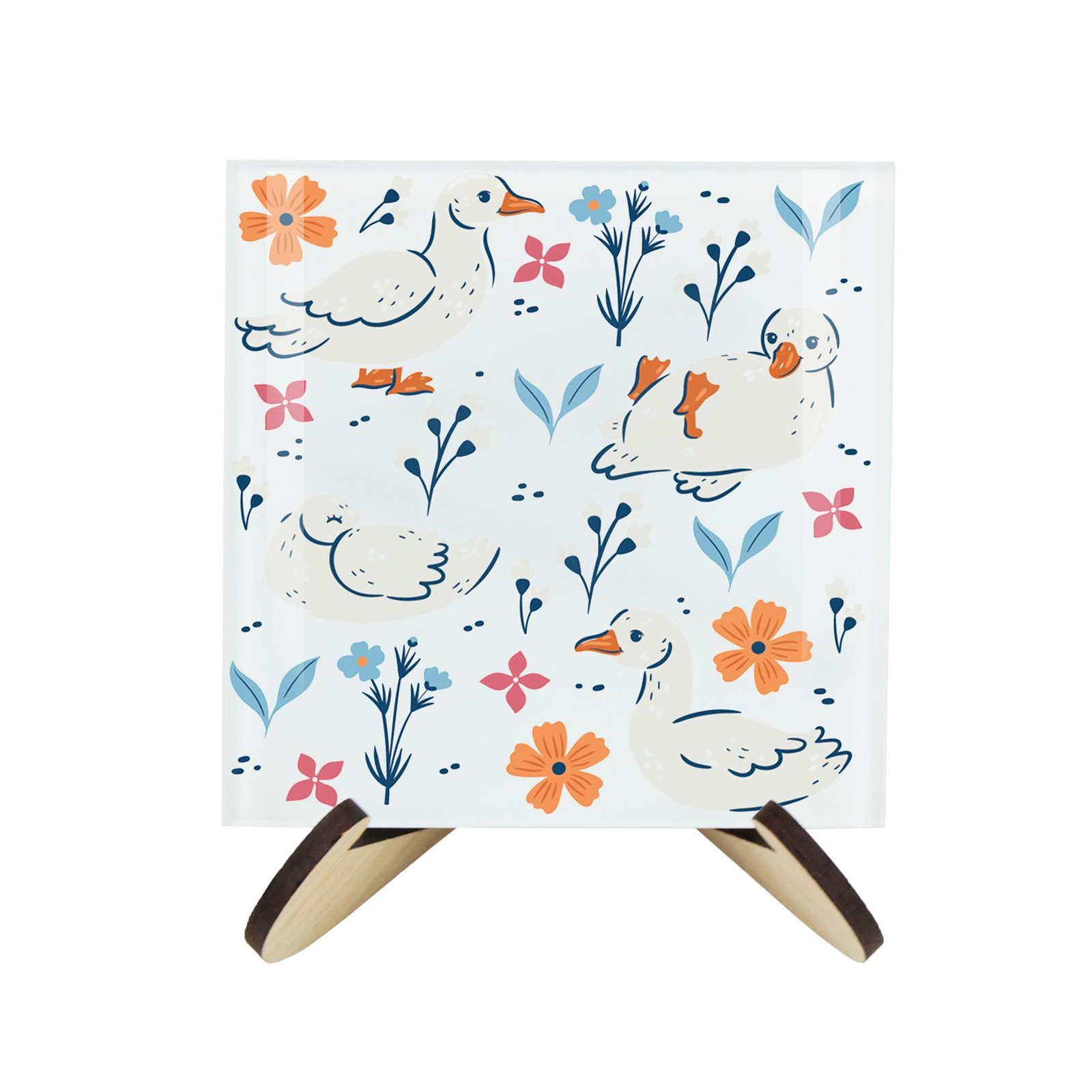 Duck Coasters & Stand Set - Woodland Birds & Flowers Gift - Square Glass Gift