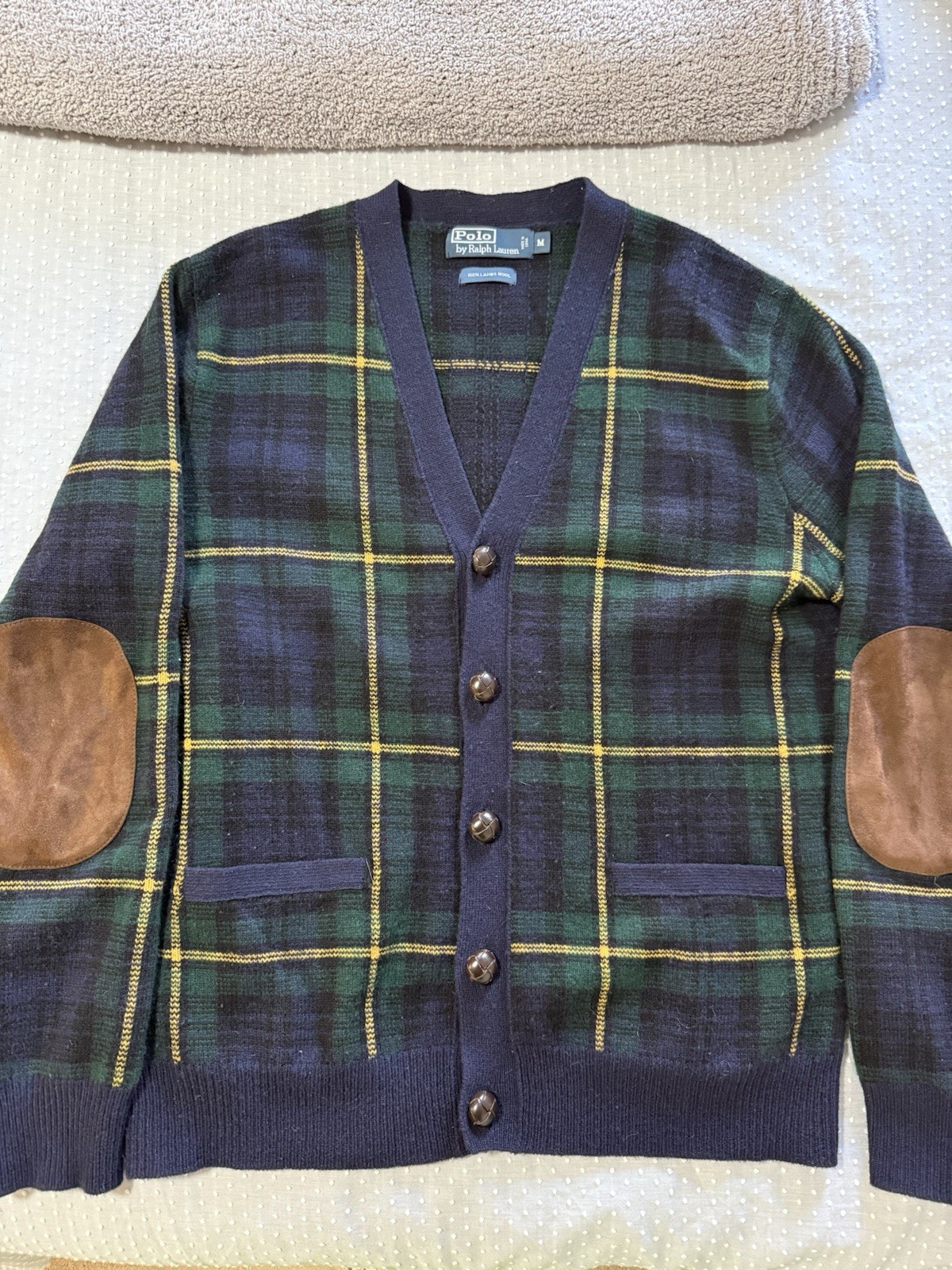 Vtg Polo Ralph Lauren Blue Tartan Plaid Lambs Wool Cardigan Elbow Patches